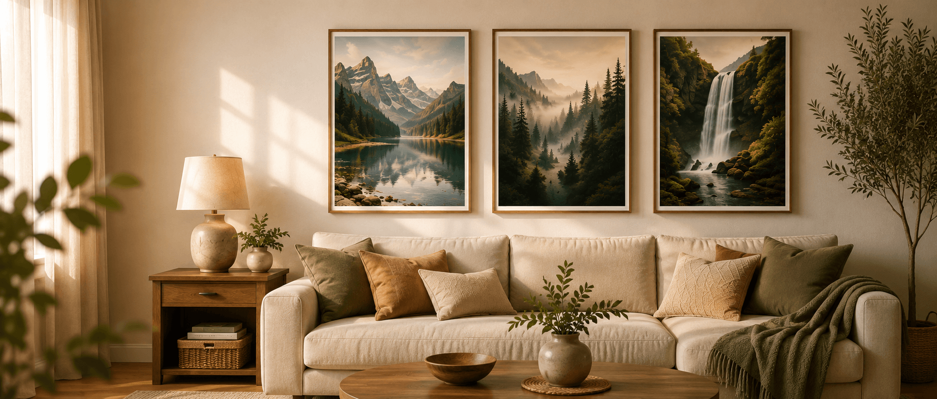 Framed nature gallery wall living room