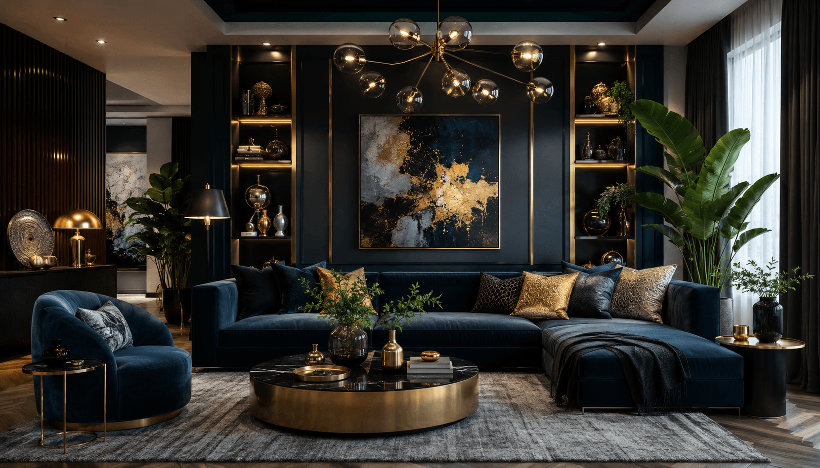 Navy and gold luxe living room